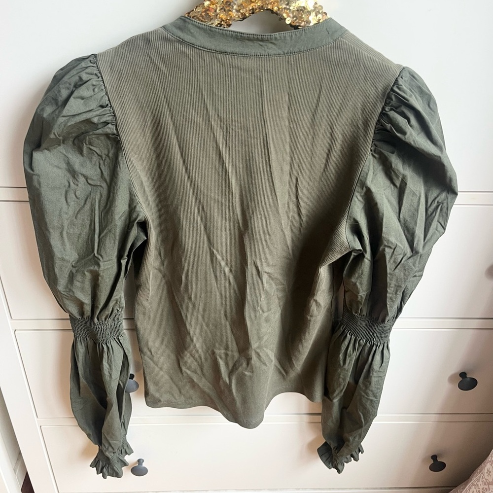 Veronica Beard Effy Woven Puff Sleeve Rib Top Olive Green - Picture 4 of 10
